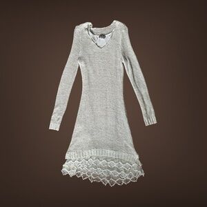 Women's Venus Grey, Long-Sleeve Sweater Dress, Lace Trim, Size Small